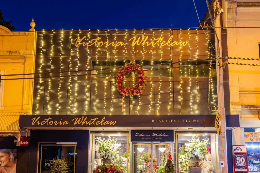 Evening view of Victoria Whitelaw Beautiful Flowers South Yarra shop