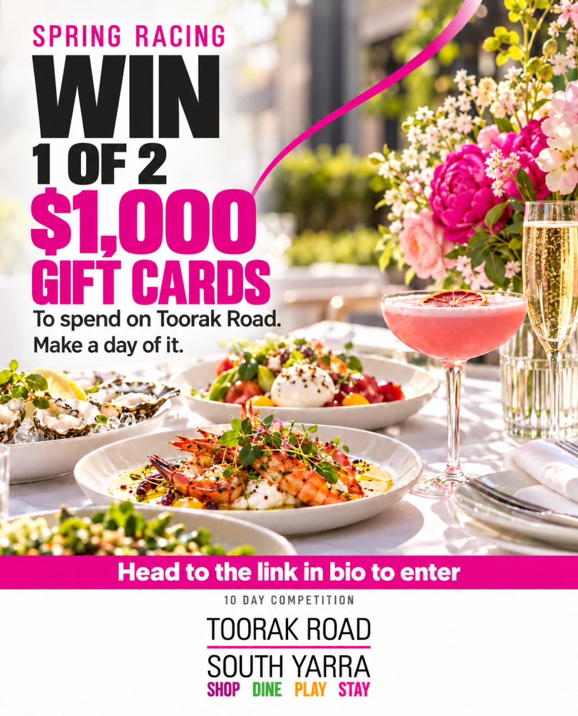 An early start for the races? Fuel up with breakfast and coffee on Toorak Road, South Yarra, before you head off.

Meeting mid-morning? Make time for brunch. Or settle in for a long lunch at one of our cafés and restaurants and make a day of it.

To celebrate spring racing, we’re giving you the chance to WIN 1 of 2 $1,000 gift cards to spend on Toorak Road at a time that suits you.

Head to the link in our bio to enter. Then start deciding where you’ll book a table.