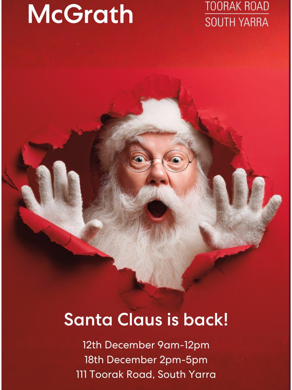 Santa’s back on Toorak Road!
He’s popping into McGrath Real Estate, South Yarra, and you’re invited to come by for a festive hello, a photo and a treat.

📍 111 Toorak Road South Yarra

When you’ll find him:

🗓 12th December, 9am–12pm
🗓 18th December, 2pm–5pm

Bring the kids, bring the dogs, bring your best Christmas smiles and enjoy:
✨ Free photos
🍦 Free gelato
🐾 Free dog leads

A little Christmas fun right here on Toorak Road.

#ToorakRoadSouthYarra #SouthYarraLife #ChristmasOnToorakRoad