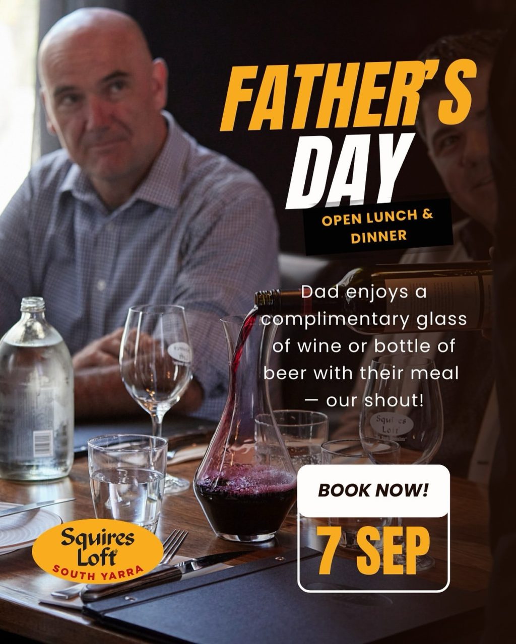 Squires Loft South Yarra is celebrating Father’s Day with lunch and dinner service – and a little something extra for Dad. Every father dining in will receive a complimentary glass of wine or bottle of beer with their meal.

Book a table and make it a day to remember.

📍 166 Toorak Road South Yarra

#FathersDay

📷 (c) @squiresloftsouthyarra