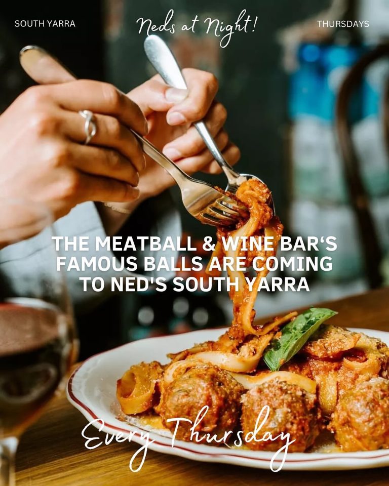 Meatballs are making their way from Flinders Lane to Toorak Road.

Starting Thursday 14 August, Ned’s South Yarra will be serving up the much-loved @meatballwb menu — balls and all. Choose your meatball, your base, your sauce. Simple, satisfying, and only here for a limited time.

Available Thursday nights only. Bookings via link in @nedsbake bio.

📍 134 Toorak Road South Yarra

Photo: © Neds Bake / @nedsbake 

#NedsBakeSouthYarra